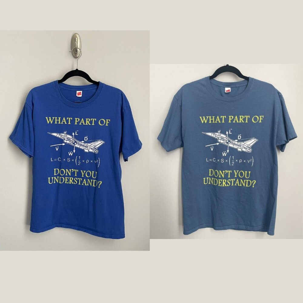 TWO Engineer Large T-Shirts What part of lift don't you understand? L Blue Plane